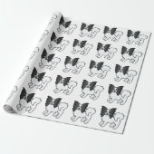 Zwart-wit Papillon Cute Cartoon Hond Patroon Cadeaupapier (Uitgerold)
