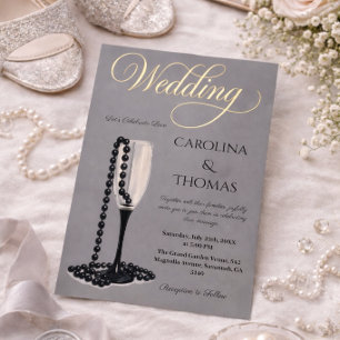 Zwart & Wit Parel Champagne Glazen bruiloft Folie Uitnodiging