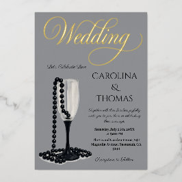 Zwart & Wit Parel Champagne Glazen bruiloft Folie Uitnodiging