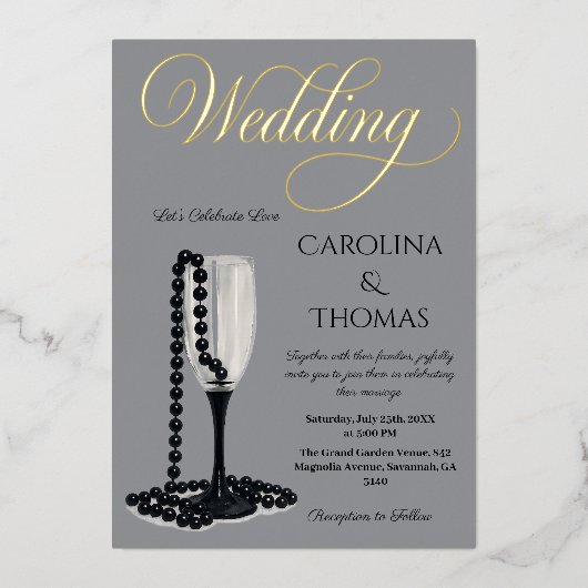 Zwart & Wit Parel Champagne Glazen bruiloft Folie Uitnodiging (Voorkant)