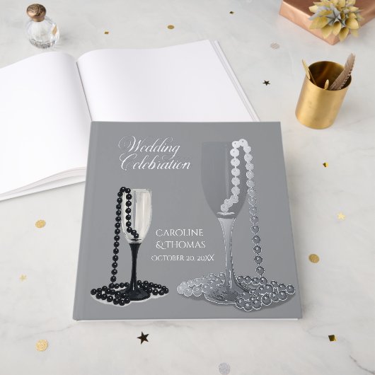 Zwart & Wit Parel Champagne Glazen bruiloft Gastenboek (Voorkant open)
