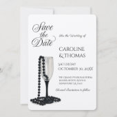 Zwart & Wit Parel Champagne Glazen bruiloft Save The Date (Voorkant)