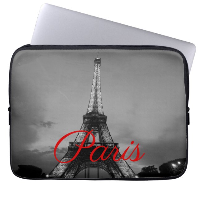 Zwart Wit Parijs City Night Eiffeltoren Europees Laptop Sleeve (Voorkant)