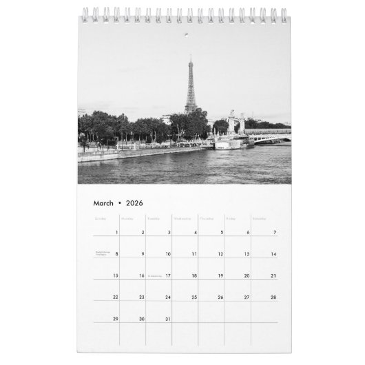 Zwart-wit Parijs Home Decor Kalender (Mar 2026)