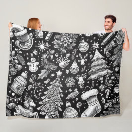 Zwart Wit Pastel Tekening Kerstmis Motief Vakantie Fleece Deken