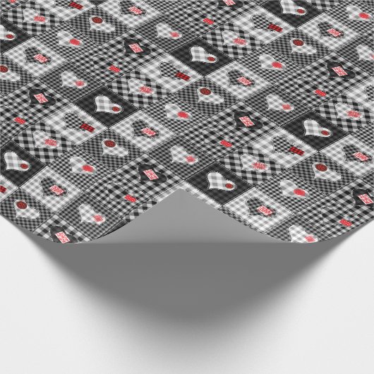 Zwart wit patchwork harten naadloos. cadeaupapier (Hoek)