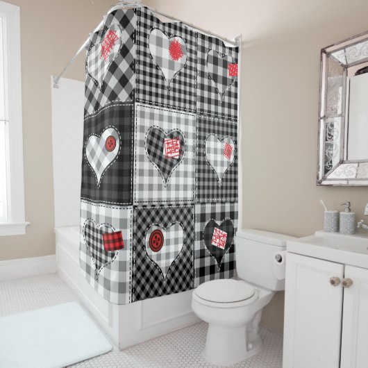 Zwart wit patchwork harten naadloos. douchegordijn (In situ)