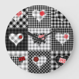 Zwart wit patchwork harten naadloos. grote klok