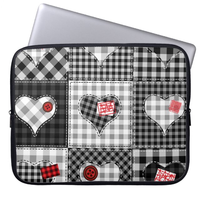 Zwart wit patchwork harten naadloos. laptop sleeve (Voorkant)