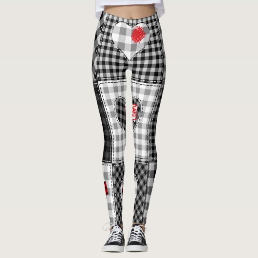 Zwart wit patchwork harten naadloos. leggings (Voorkant)