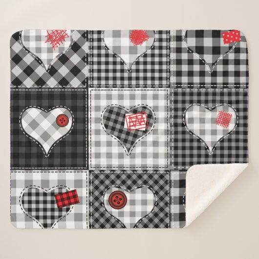 Zwart wit patchwork harten naadloos. sherpa deken (Voorkant (horizontaal))