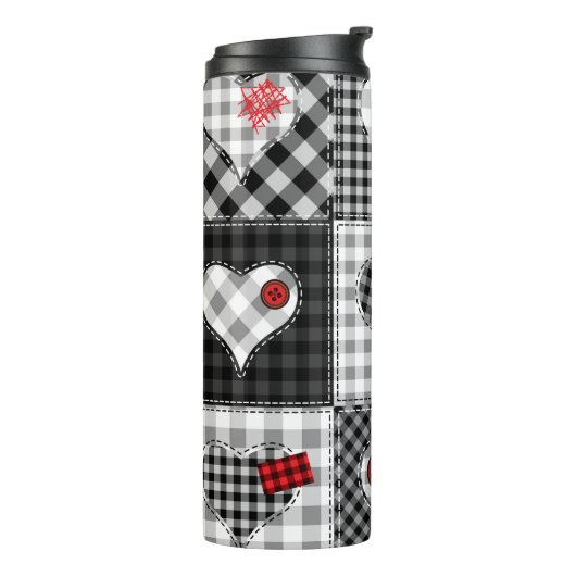 Zwart wit patchwork harten naadloos. thermosbeker (Gedraaid links)