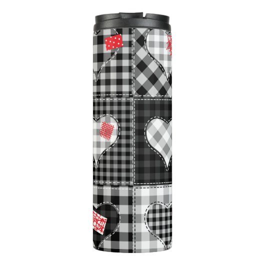 Zwart wit patchwork harten naadloos. thermosbeker (Achterkant)