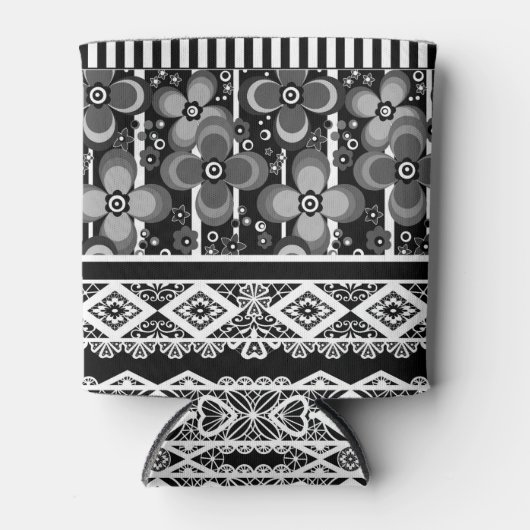 Zwart-wit patroon met kant en patchwork blikjeskoeler (Voorkant)