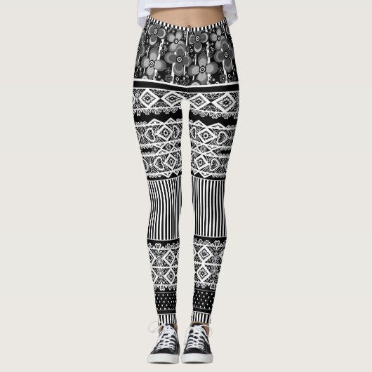 Zwart-wit patroon met kant en patchwork el leggings (Voorkant)