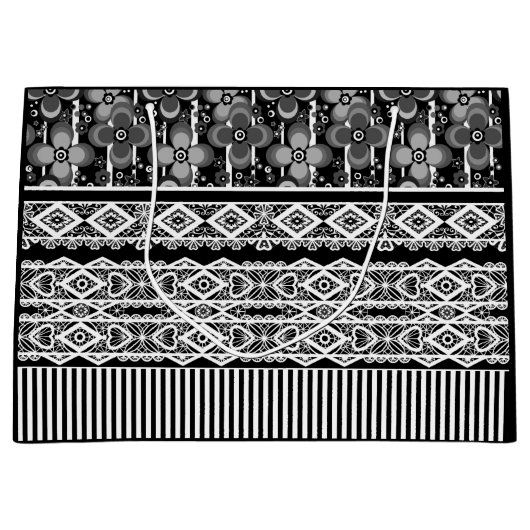 Zwart-wit patroon met kant en patchwork groot cadeauzakje (Voorkant)