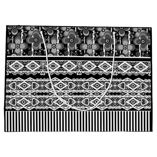 Zwart-wit patroon met kant en patchwork groot cadeauzakje (Achterkant)