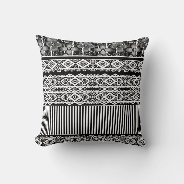 Zwart-wit patroon met kant en patchwork kussen (Voorkant)