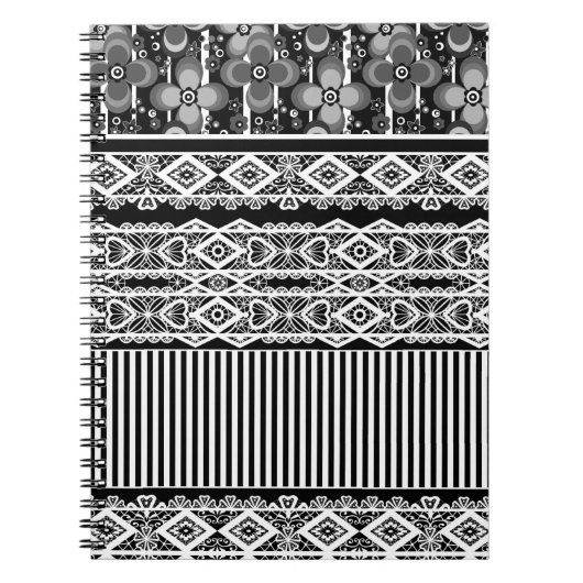 Zwart-wit patroon met kant en patchwork notitieboek (Voorkant)