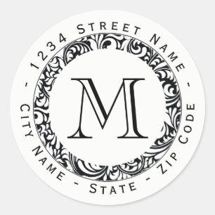 Zwart&Wit Patroon Monogram Terugkeeradresetiket Ronde Sticker