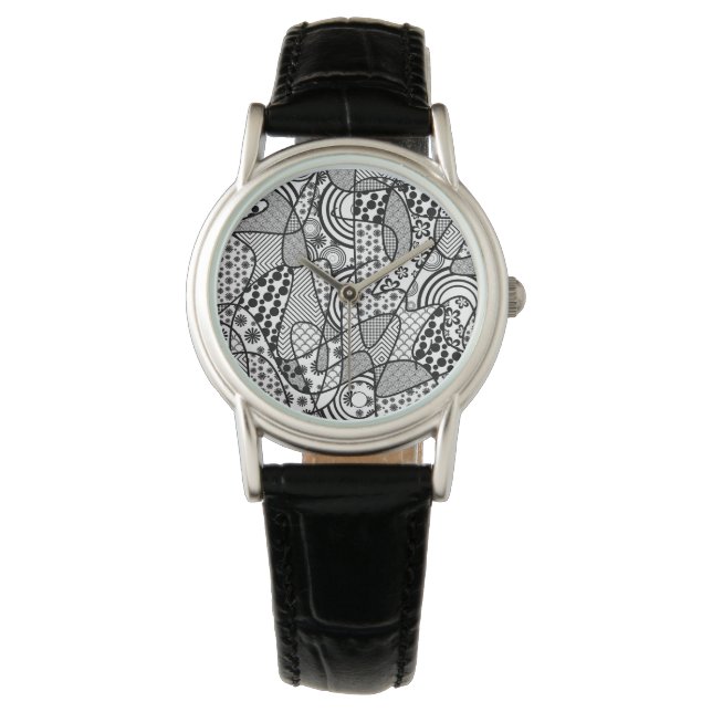 Zwart & Wit Patroon Patchwork 02 Horloge (Voorkant)