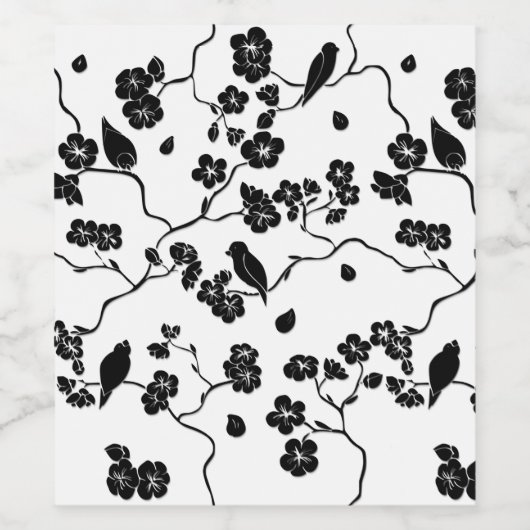 Zwart-wit patroon vogels op kersenbloesem wijn etiket (Enkel label)