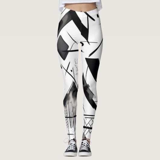Zwart Wit Patrooninkt Waterverf Art Brushstroke Leggings (Voorkant)