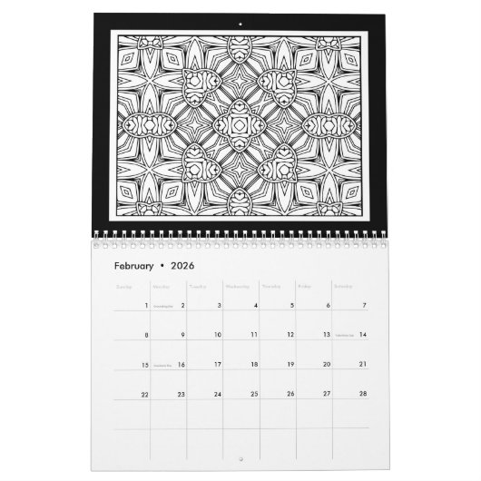 Zwart-wit Patroonkleurboek Kalender (Feb 2026)