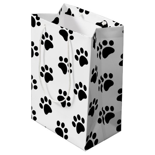 Zwart wit paw print patroon medium cadeauzakje (Achterkant Gekanteld)