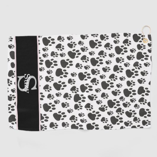 Zwart-wit Paw Print Pattern Initiaal Monogram Golfhanddoek (Horizontaal)