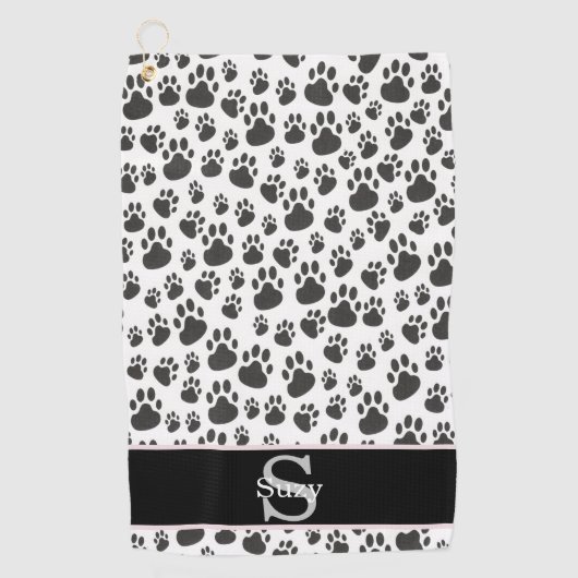 Zwart-wit Paw Print Pattern Initiaal Monogram Golfhanddoek (Voorkant)