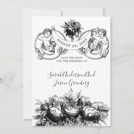 Zwart Wit Pen Inkt Floral Cupids Save The Date (Voorkant)