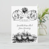Zwart Wit Pen Inkt Floral Cupids Save The Date (Staand voorkant)