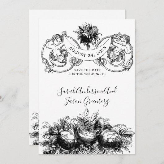  Zwart Wit Pen Inkt Floral Cupids Save The Date (Voorkant / Achterkant)