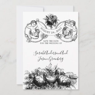 Zwart Wit Pen Inkt Floral Cupids Save The Date