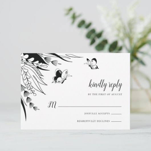 Zwart-Wit Pen Inkt Vlinder Botanisch RSVP Kaartje (Staand voorkant)