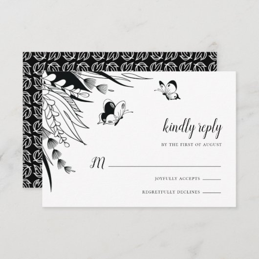 Zwart-Wit Pen Inkt Vlinder Botanisch RSVP Kaartje (Voorkant / Achterkant)