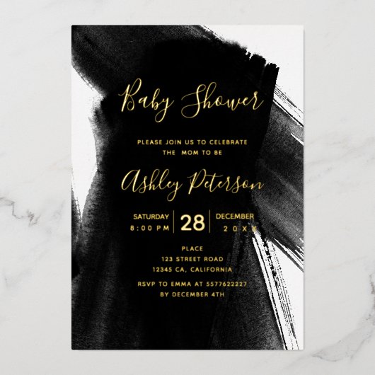Zwart wit penseelpenseeltypografisch baby shower folie uitnodiging (Voorkant)