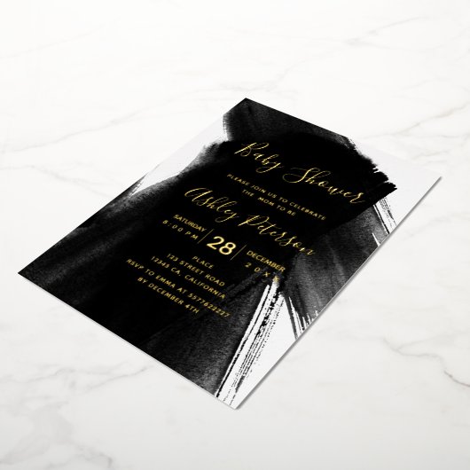 Zwart wit penseelpenseeltypografisch baby shower folie uitnodiging (Gedraaid)