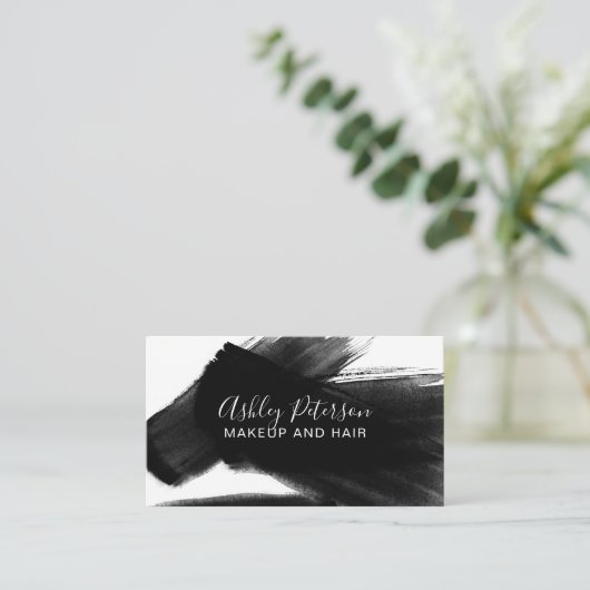 Zwart wit penseelstreek haar make-up typografie visitekaartje (Staand voorkant)
