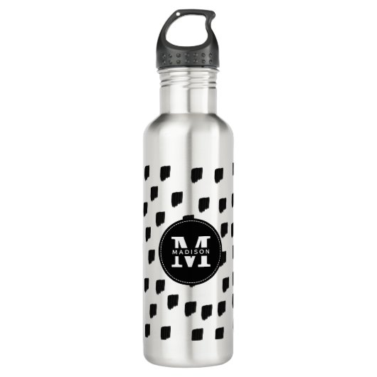 Zwart-wit penseelstreek monogram waterfles (Voorkant)