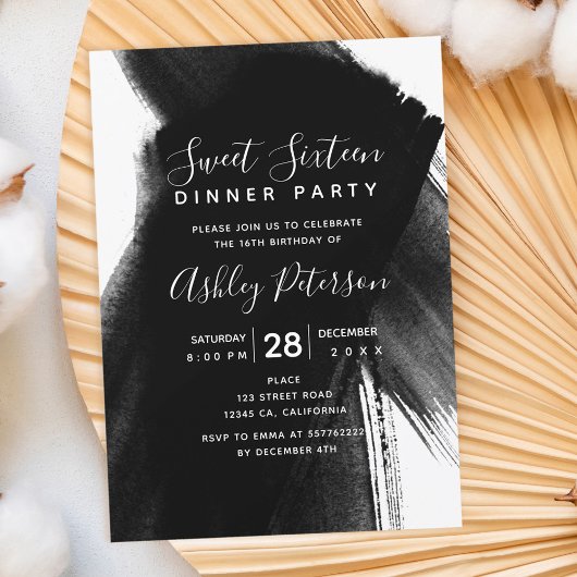 Zwart-wit penseelstreken typografie Sweet 16 Kaart