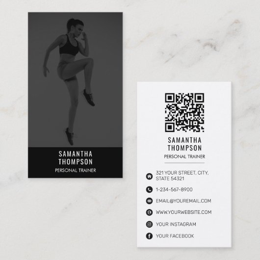 Zwart Wit Personal Trainer Fitness Custom Foto Visitekaartje (Voorkant / Achterkant)