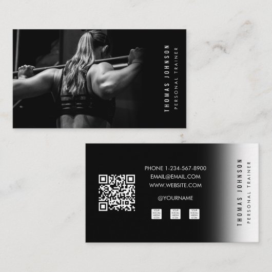 Zwart Wit Personal Trainer Fitness Foto QR-code Visitekaartje (Voorkant / Achterkant)