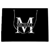 Zwart-wit, persoonlijk monogram en naam groot cadeauzakje (Voorkant)