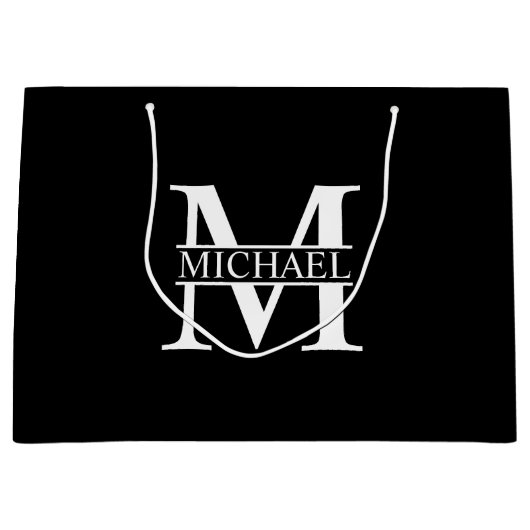 Zwart-wit, persoonlijk monogram en naam groot cadeauzakje (Voorkant)