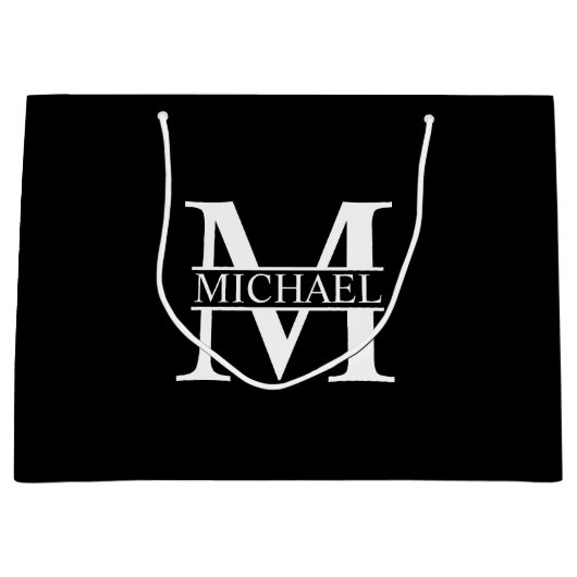 Zwart-wit, persoonlijk monogram en naam groot cadeauzakje (Voorkant)