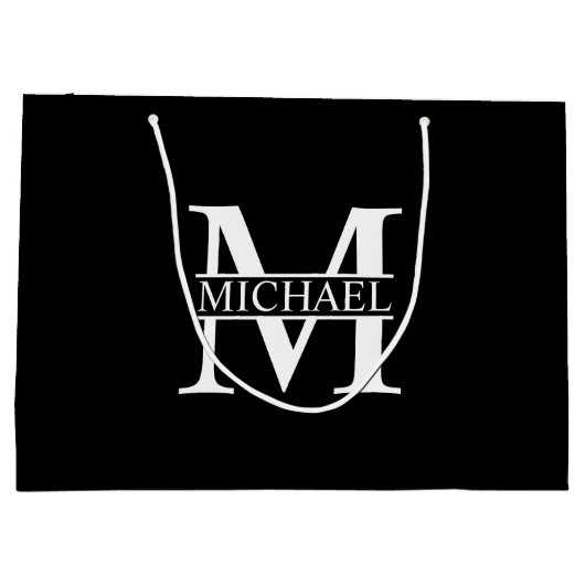 Zwart-wit, persoonlijk monogram en naam groot cadeauzakje (Achterkant)