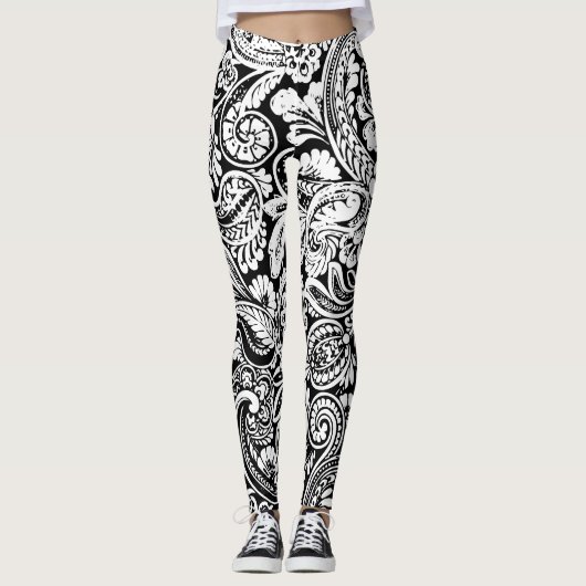 Zwart-wit Perzisch Paisley Afdrukken Leggings (Voorkant)