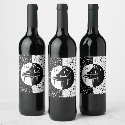 Zwart-wit Piano ontwerp Wijn Etiket (Flessen)